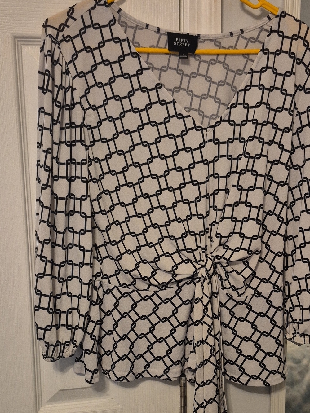 Fifty Street White & Black Knot-Front Long Sleeve Top